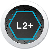 Symbol für L2+ Cache-Speicher mit hexagonalem Design auf dunklem Hintergrund